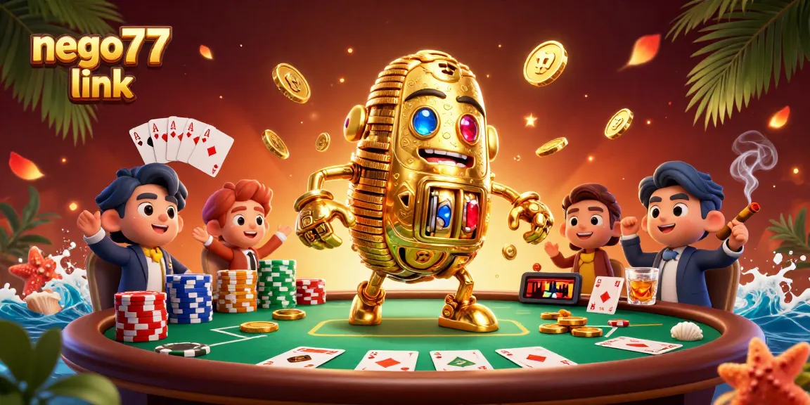 Win with the nego77 link at this lively poker scene featuring a golden golem and vibrant casino elements.