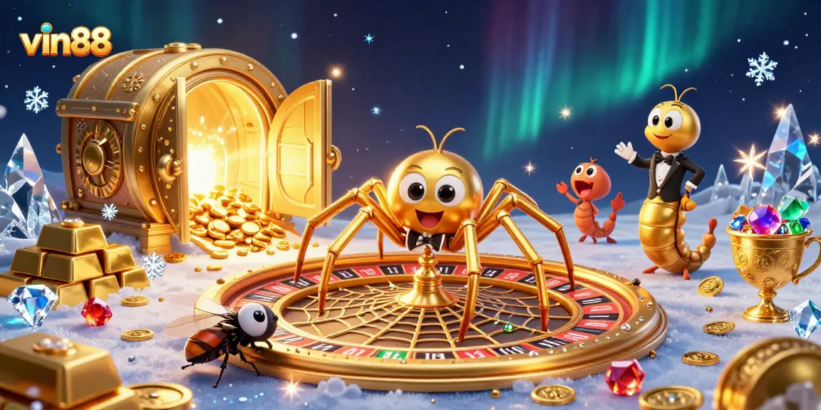 Experience the excitement of vin88 with a stunning roulette-themed web spun by a golden spider.