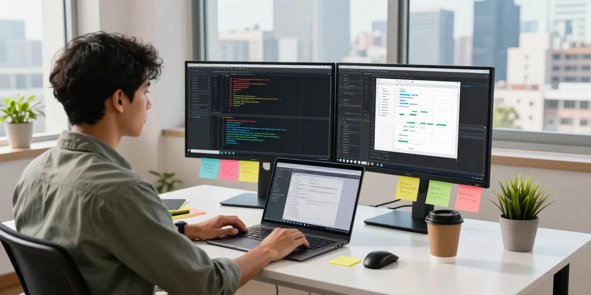 Ruang kerja pengembang dengan monitor menunjukkan GEGESLOT dan alat pemrograman lainnya, suasana produktif dan modern.