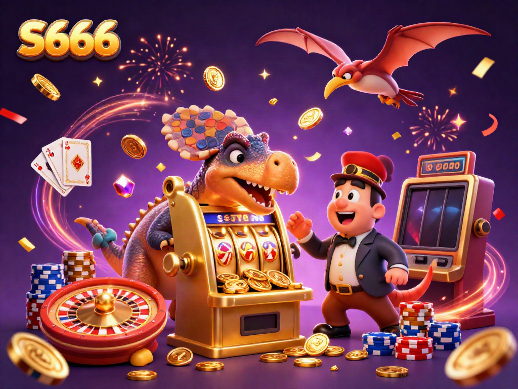 S666 brings excitement with a cartoon dinosaur headbutting a slot machine amid flying coins and a panicked casino manager.