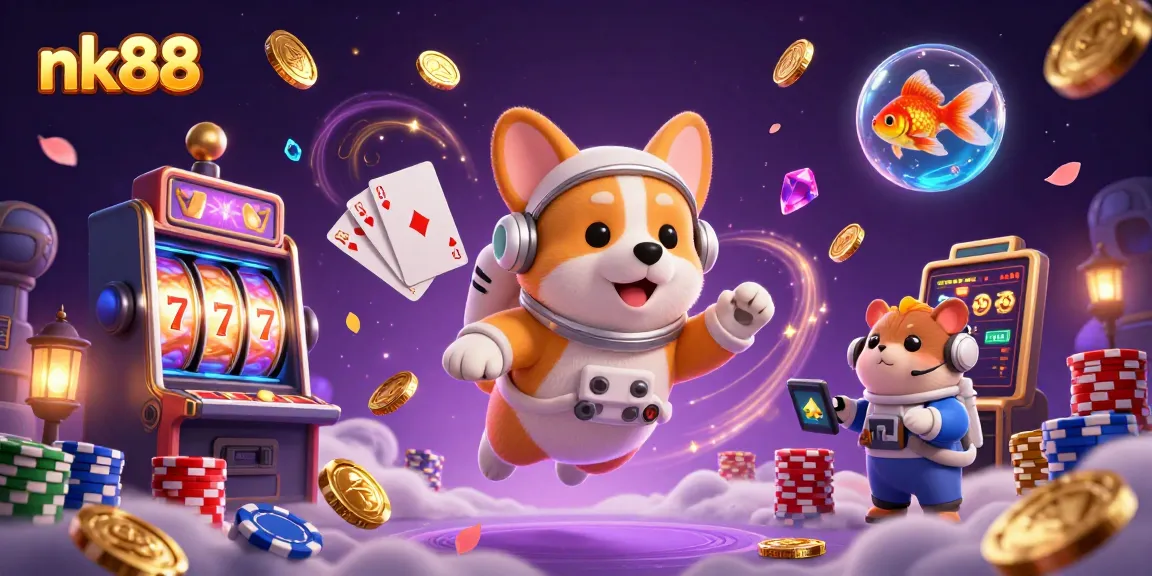 Engage with nk88, where the astronaut corgi enjoys the space casino amidst flying golden coins and lucky sevens.