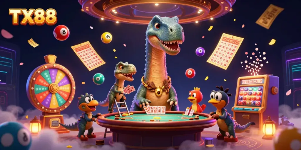 Experience excitement at TX88's grand casino scene with a towering brontosaurus and colorful lottery action.