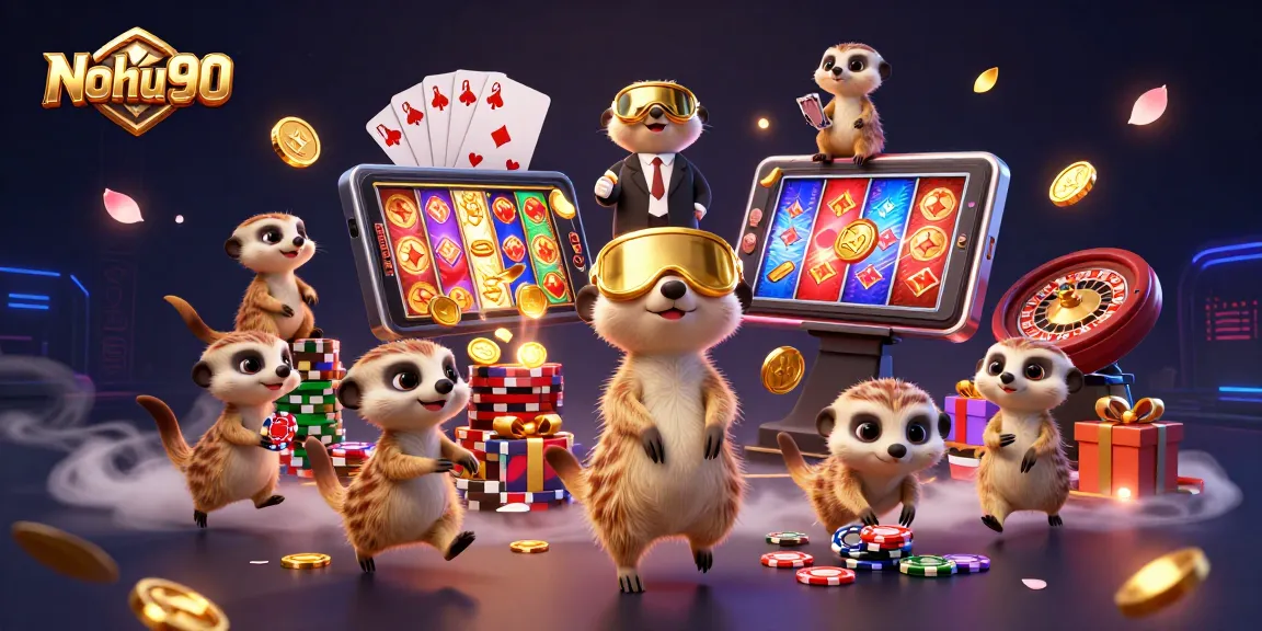 Nohu90 offers an exciting casino environment with colorful slot reels and playful meerkats engaging in games.