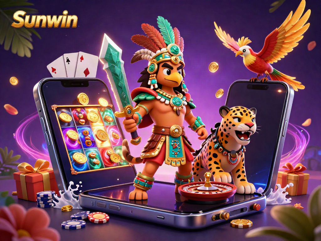 Experience exciting gameplay with Sunwin, featuring vibrant 3D characters and casino elements.