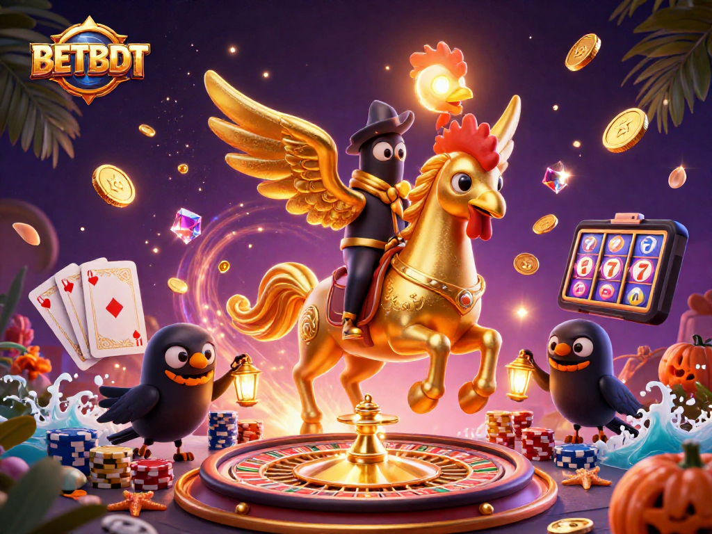 Experience the excitement of BETBDT with a golden rooster riding through a dazzling casino.