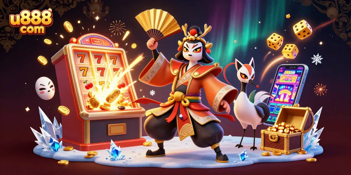 Win big with u888 com in a vibrant 3D casino scene featuring traditional characters and thrilling jackpots!