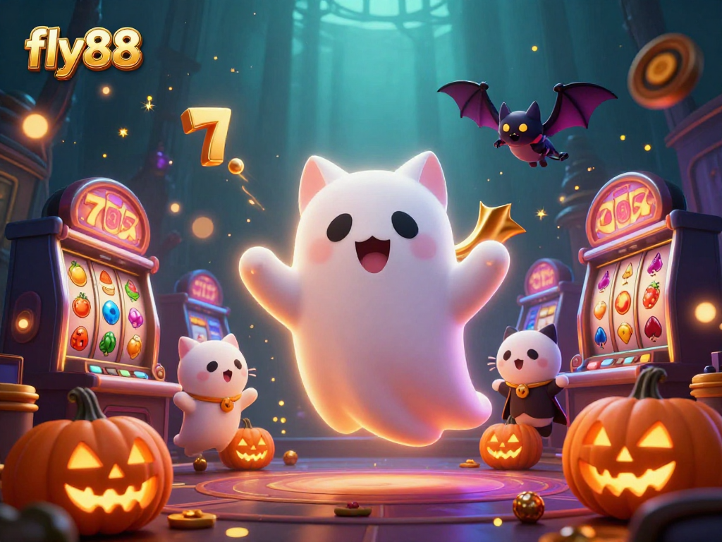 Experience excitement at fly88 casino with a ghost cat and vampire bat in a vibrant, action-packed scene.