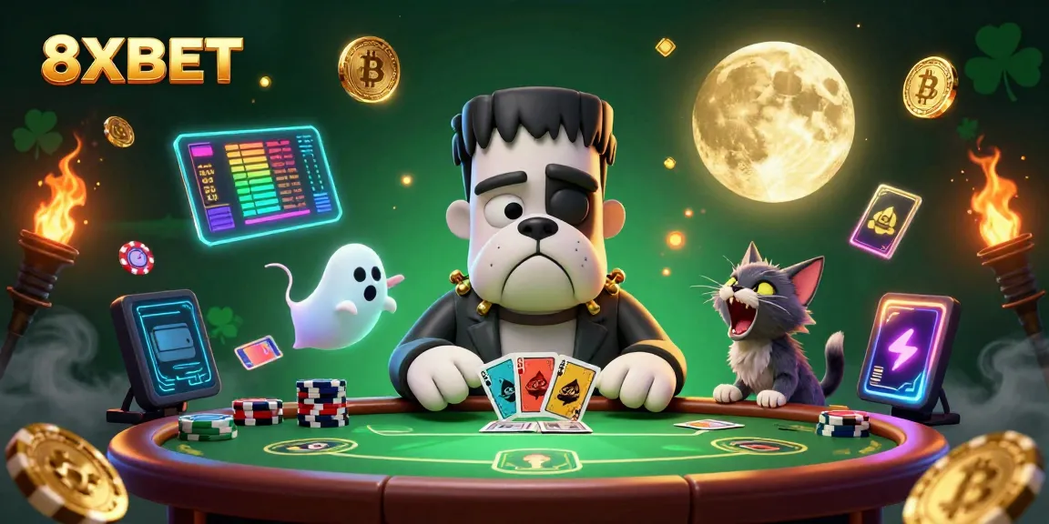 8XBET themed casino illustration featuring a cartoon bulldog dealer, ghost mouse, and gold moon kitten.
