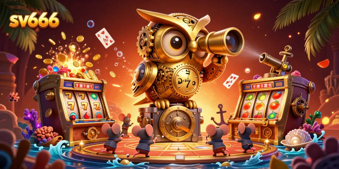 Experience excitement with sv666 as a golden owl surveys a vibrant casino bustling with action.