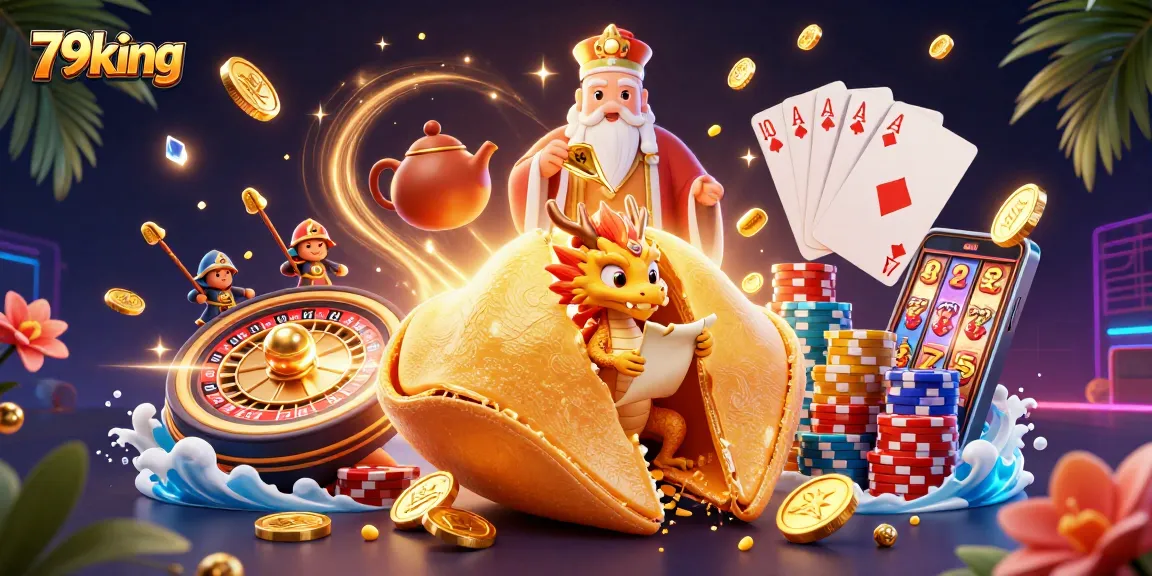 Engage in thrilling games at 79king with vibrant 3D illustration of animated casino elements.