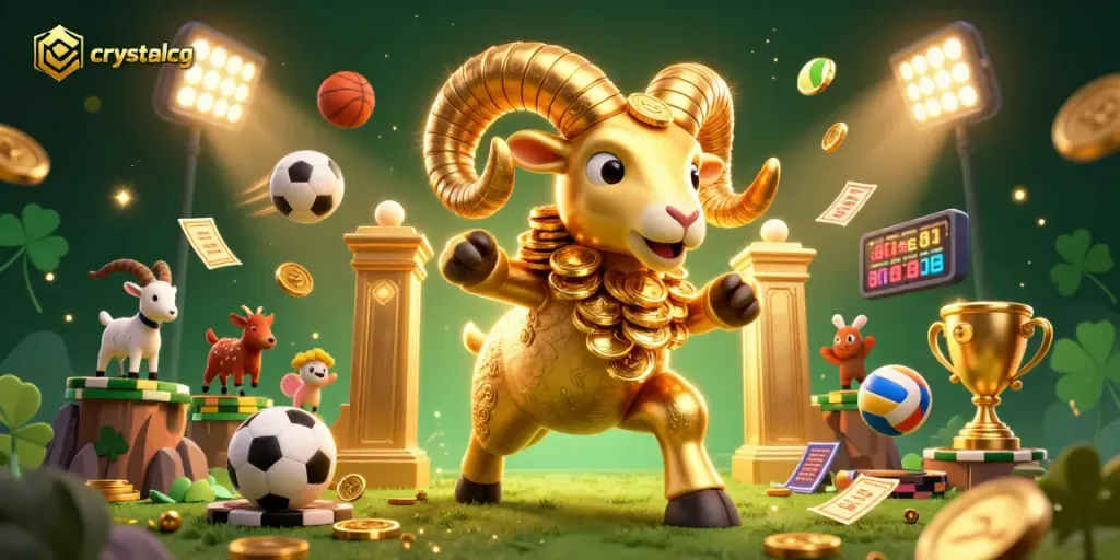 Engage with crystalcg's dynamic gambling scene featuring a golden ram charging through a vibrant casino landscape.