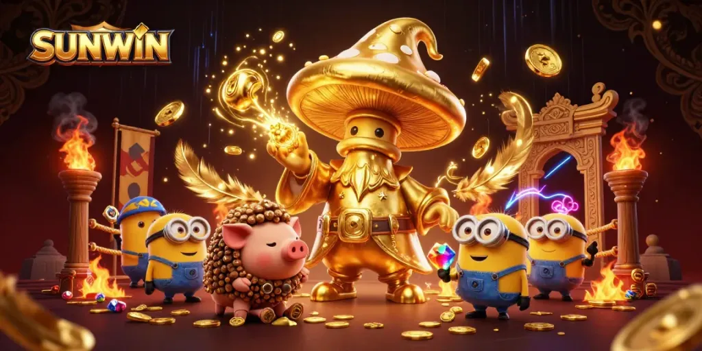 Engage in thrilling gameplay with SUNWIN while golden treasures and characters light up the scene.