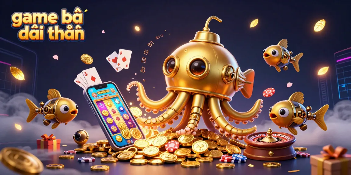 Engage in game bài đổi thưởng with a colorful slot game, golden kraken submarine, and festive casino elements.