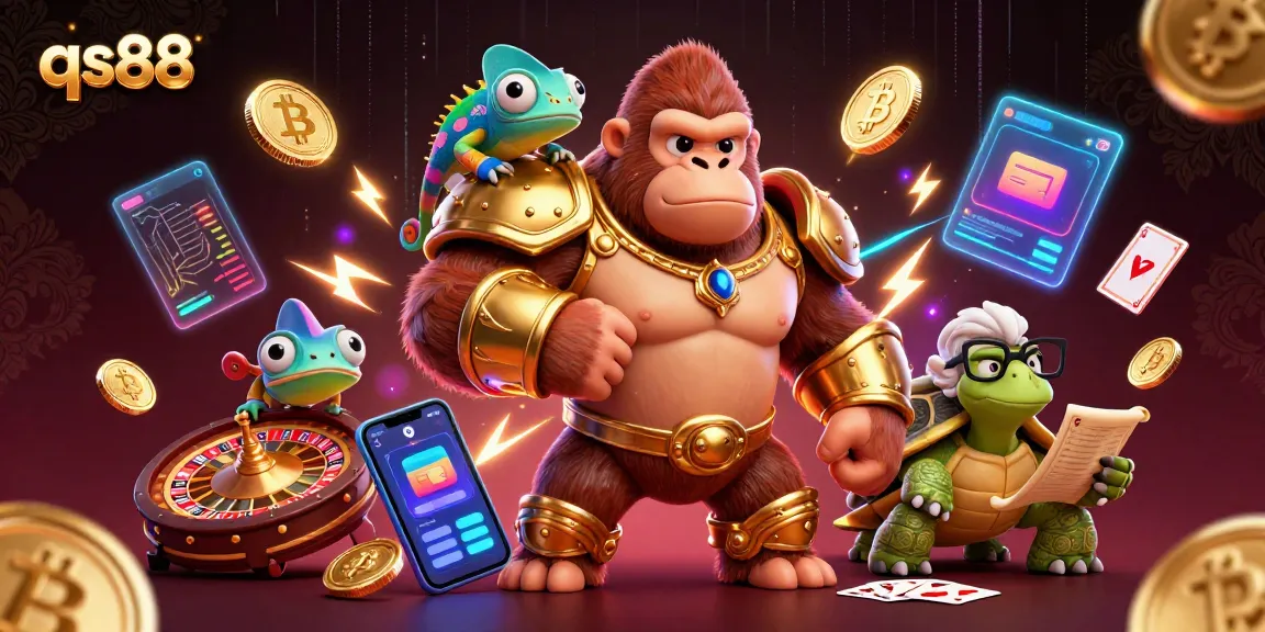 Engage with the thrilling qs88 live casino experience featuring a mighty gorilla king and vibrant chameleon amidst dynamic gaming elements.