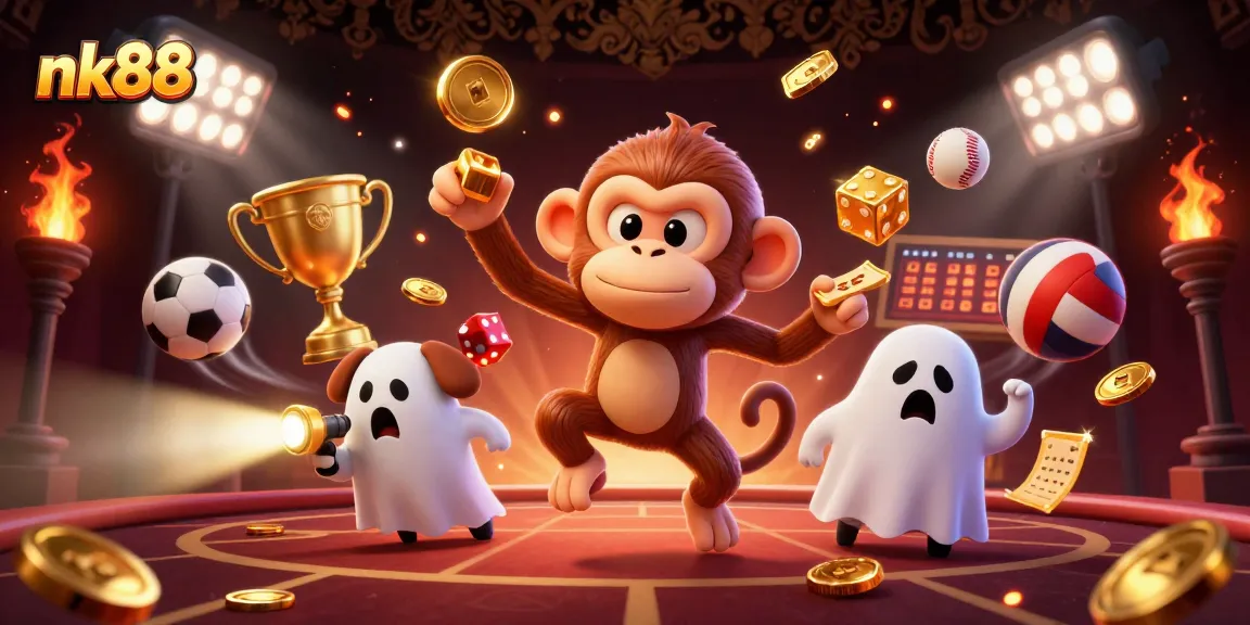 Experience exciting gaming at nk88 with a mischievous poltergeist monkey juggling golden treasures in an animated casino scene.