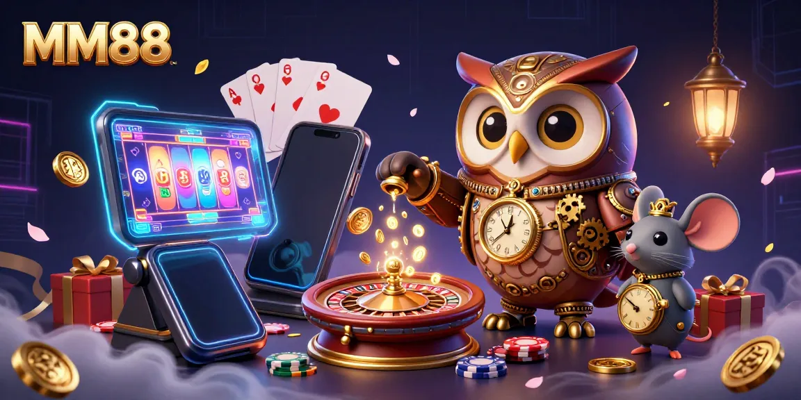 Engage with MM88's vibrant casino world featuring a steampunk owl and dynamic game elements.