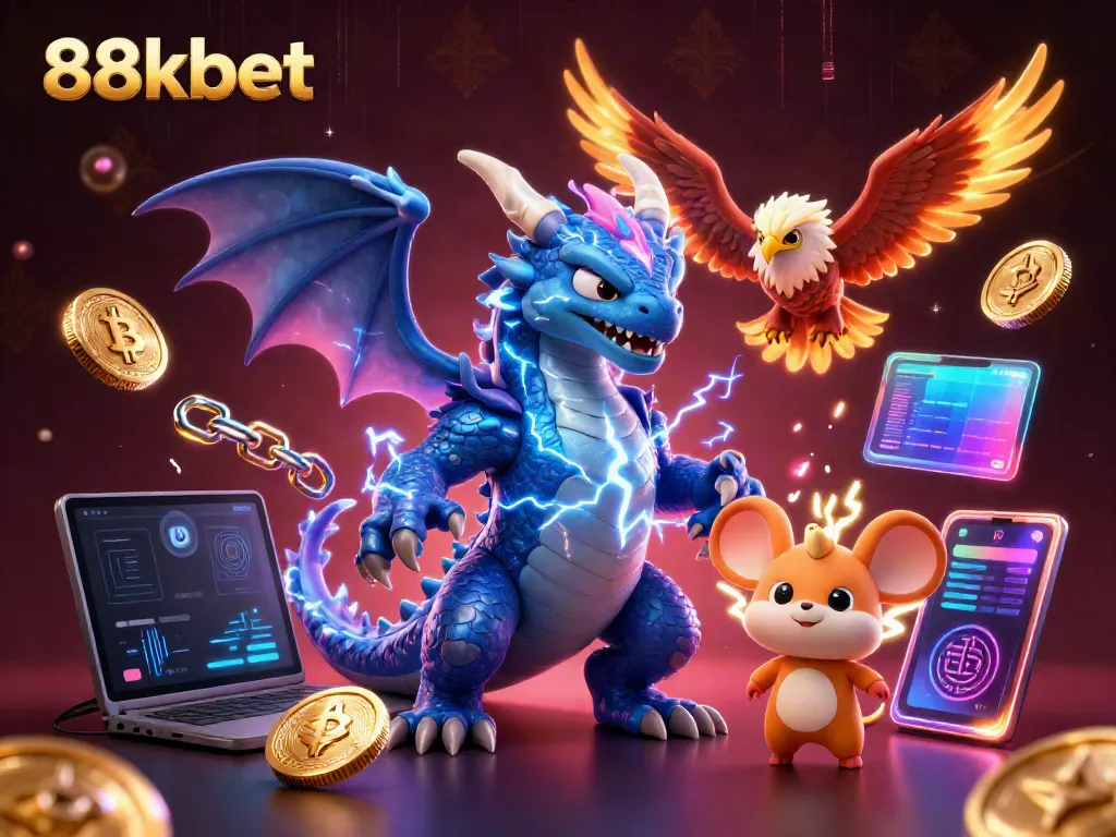 Join the excitement of 88kbet with animated dragon, hawk, and crypto coins in a vibrant casino scene.