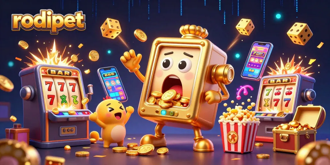 Play and win with Rodipet's vibrant golden slot machines hitting jackpots amidst a dazzling casino scene.