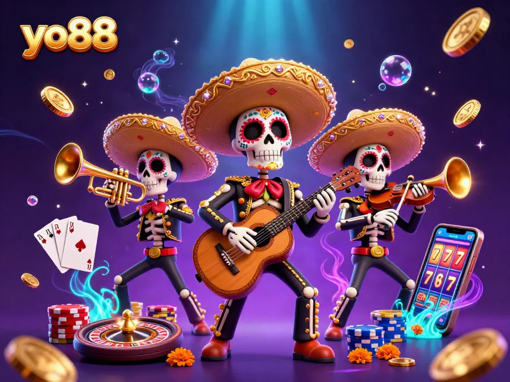 Experience the joy of winning at yo88 with a colorful casino scene featuring mariachis and dazzling game elements.