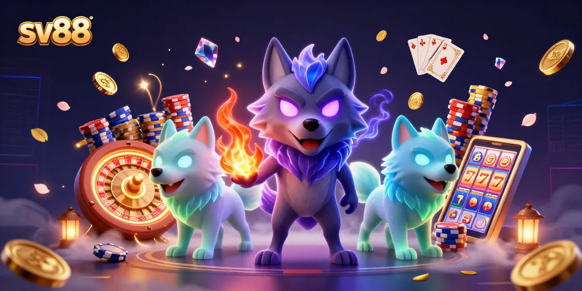 Win big at sv88 with thrilling games, glowing wolves, and cascading coins in a captivating casino illustration