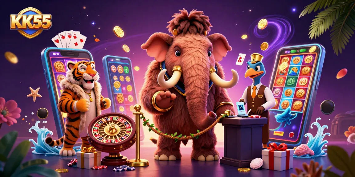 Experience excitement at KK55 with a woolly mammoth bouncer, saber-tooth tiger VIP, and dodo doorman in a vibrant casino.