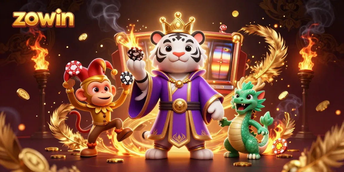 Zowin spins excitement with a lively casino scene featuring a majestic tiger, juggling monkey, and vibrant game elements.