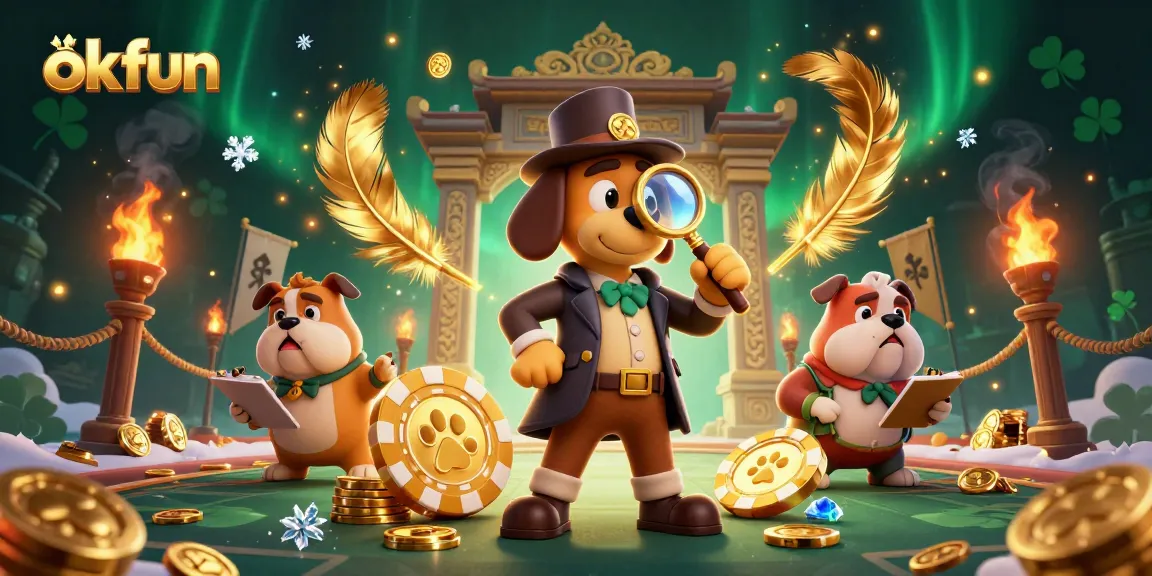 Experience thrilling action at okfun with a detective and companions uncovering poker chip treasures in a vibrant casino setting.