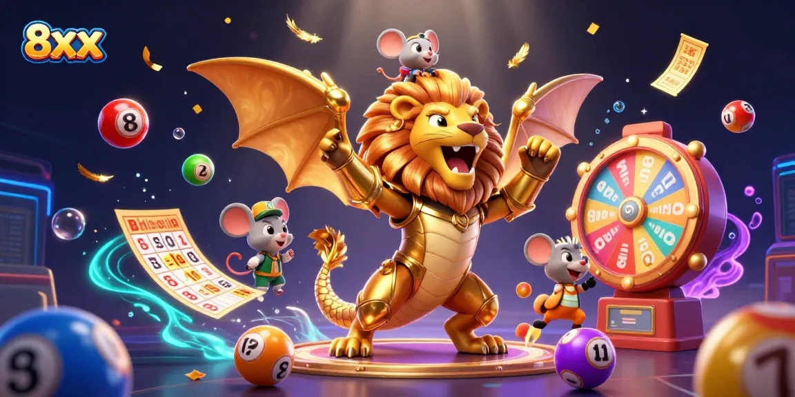 Engage in epic games with 8xx, featuring a golden armored chimera, colorful lottery elements, and immersive casino atmosphere.