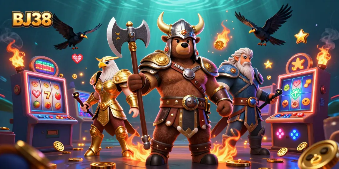 Experience exhilarating gameplay at BJ38 with vibrant slot machines, Viking creatures, and rich casino elements.