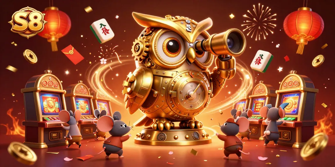 Engage with S8's vibrant casino scene featuring a clockwork owl and wind-up mice patrons at a lively gaming environment.