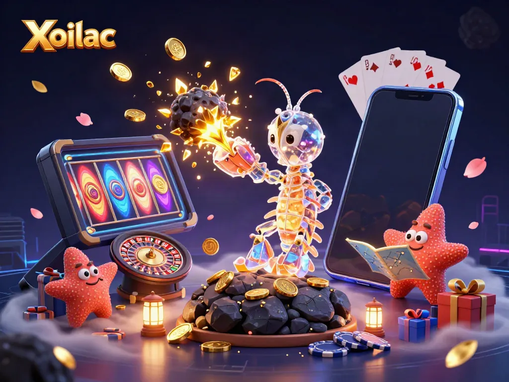 Xoilac showcases an exhilarating scene of a galactic samurai mantis shrimp amidst gold coins and casino elements.