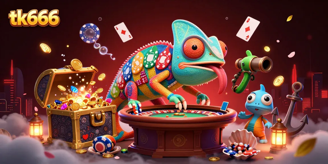 tk666 casino chameleon character surrounded by dynamic game elements in 3D illustration.