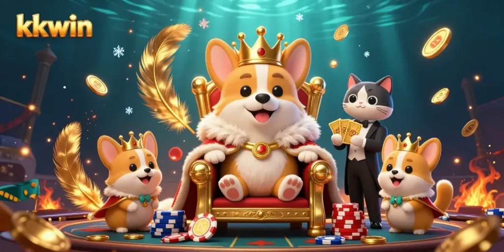 Engage with the 3D animated world of kkwin featuring a regal corgi surrounded by a cat butler and treasures.