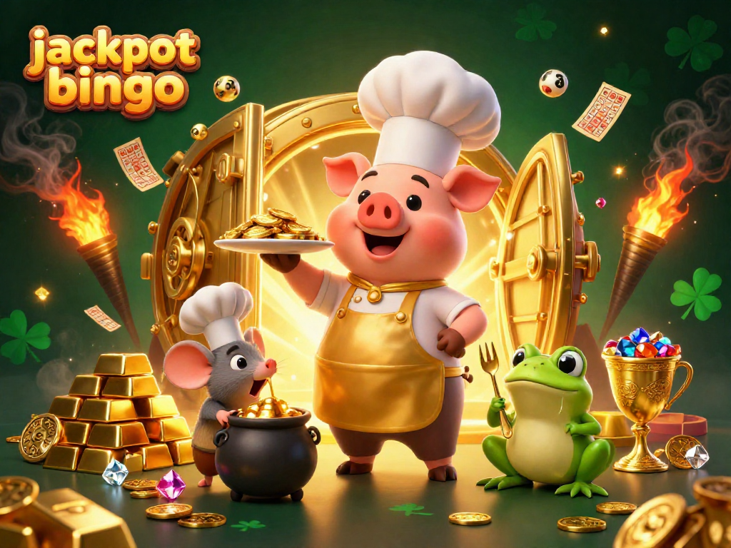 Join the excitement of jackpot bingo with a fun, vibrant scene featuring festive characters and riches.