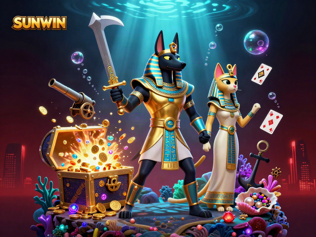 Experience SUNWIN's thrilling underwater casino adventure through a vibrant 3D illustration featuring Anubis and Bastet.