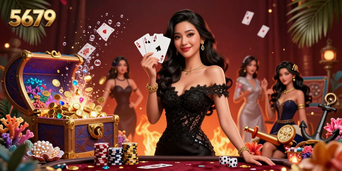 Engage in thrilling gameplay at 5679, featuring an elegant woman holding playing cards in a vibrant casino atmosphere.