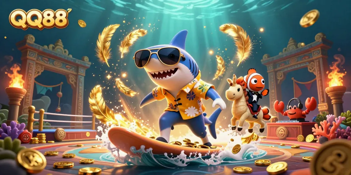 Surf thrillingly with QQ88, showcasing a hammer-head shark, clownfish, and crab DJ in a vibrant casino scene.