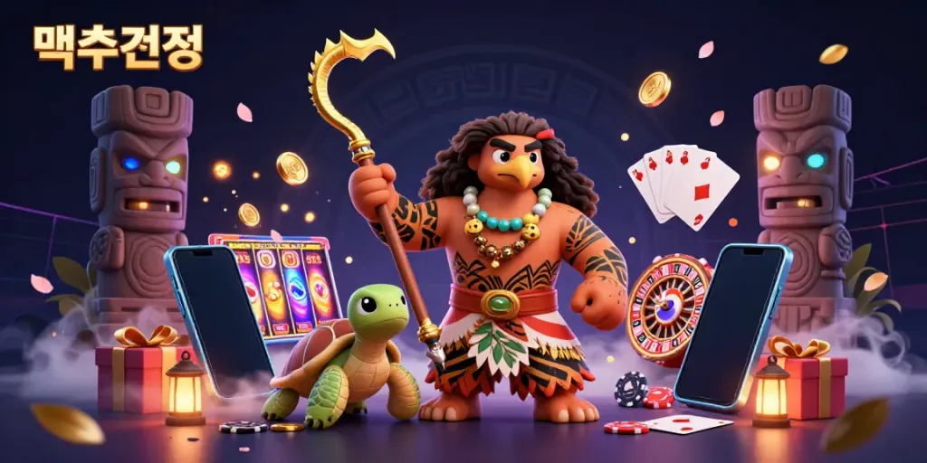 Experience 먹튀검증 with a vibrant 3D illustration of a Polynesian demigod while slot games and riches surround.