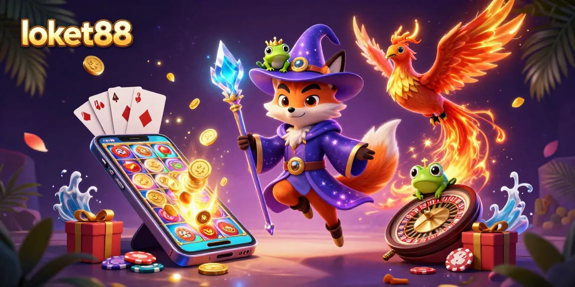 Spin and win with loket88 in this magical casino-themed illustration showcasing vibrant gaming action.