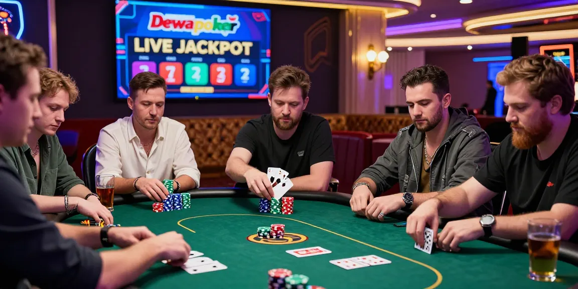 Dewapoker Live Jackpot exciting casino gaming scene with players competing at poker table.
