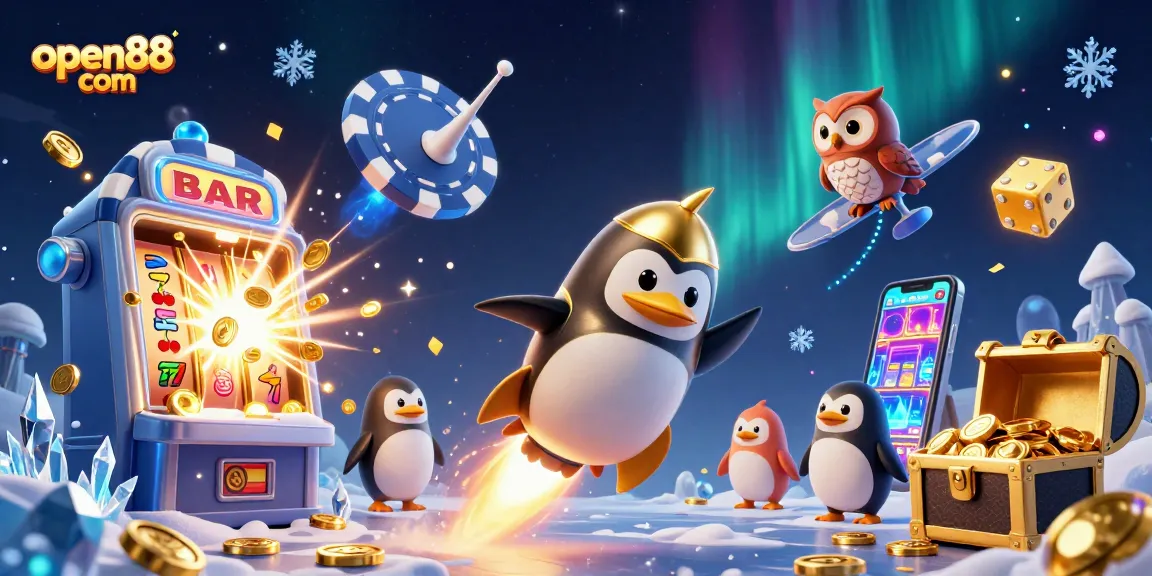 Win big with open88 com as a golden penguin zooms toward a vibrant casino space station.
