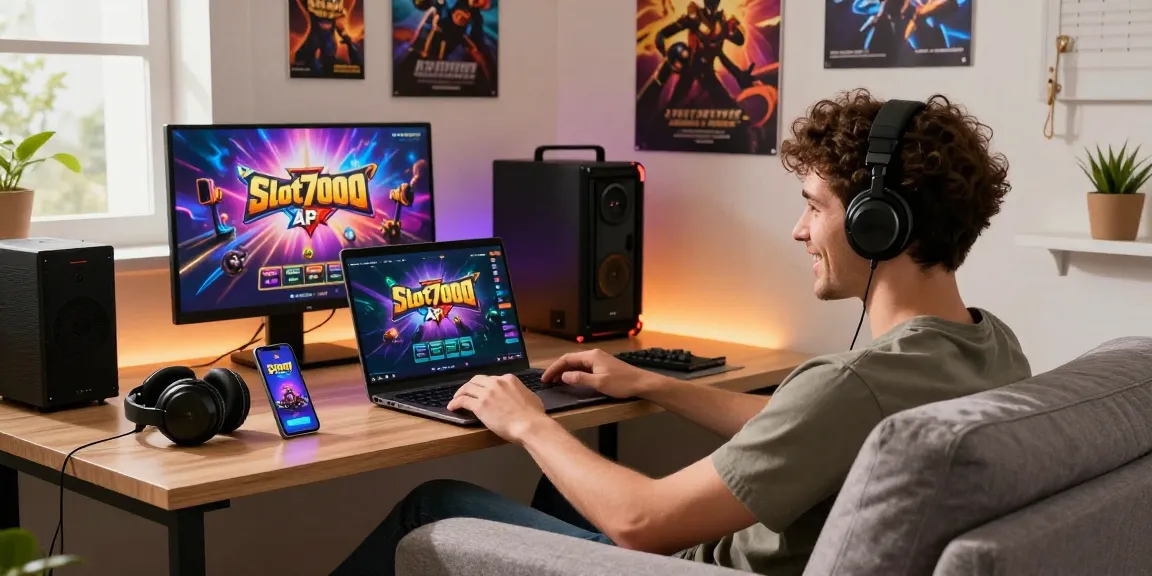Engaging gaming scene showcasing Slot7000 APK platform on a user-friendly interface with ambient lighting and modern gaming setup.