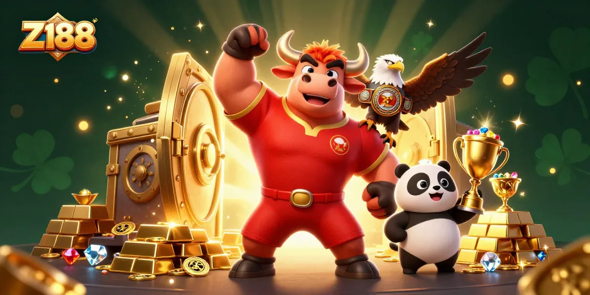 Z188 showcases an exciting gambling scene, featuring a bull mascot, eagle, and panda amidst gold treasures.