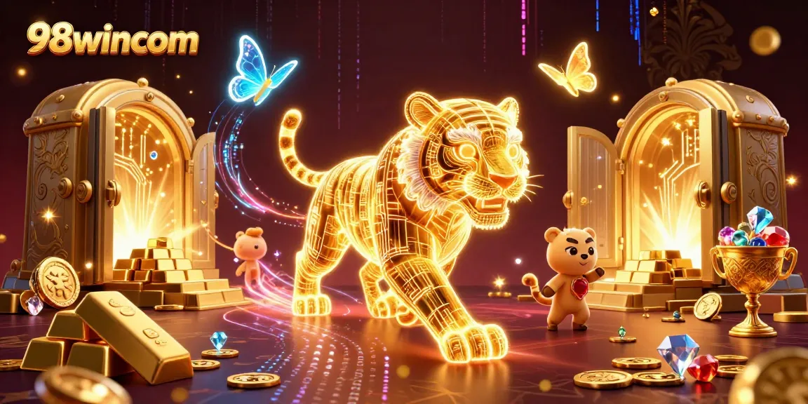 Experience the thrill at 98wincom with a vibrant casino atmosphere featuring golden treasures and dynamic characters.