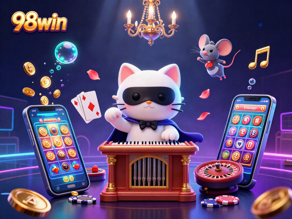 Spin and win with 98win in a vibrant casino scene filled with captivating game elements.