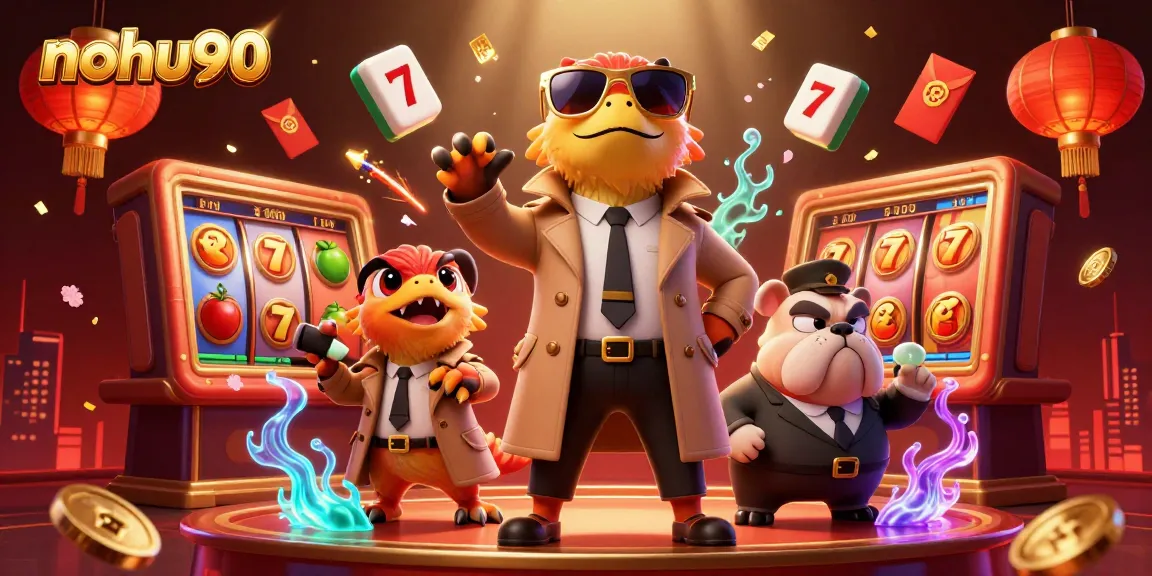 Nohu90 raptors in trench coat hilariously attempting VIP casino entry surrounded by vibrant gambling elements