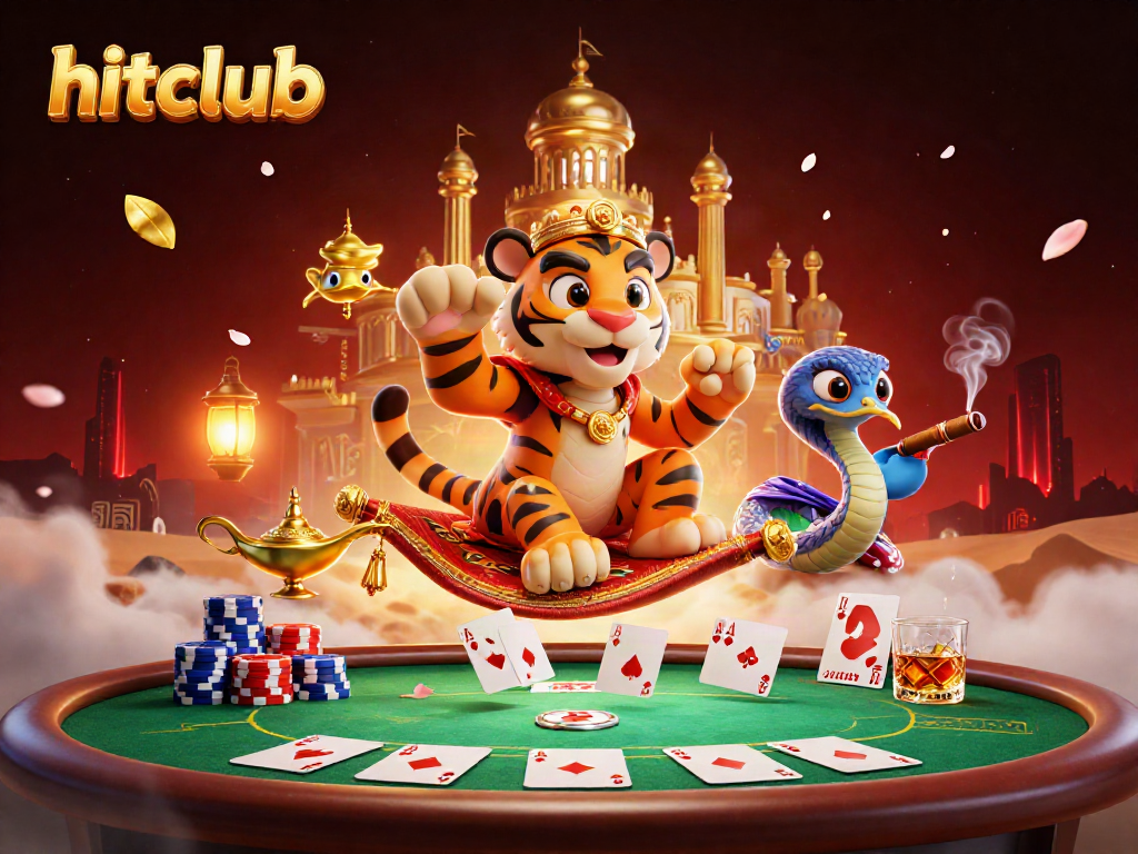 Experience the magic of hitclub as an Arabian Nights-themed tiger sultan and genie snake play poker on a flying carpet.