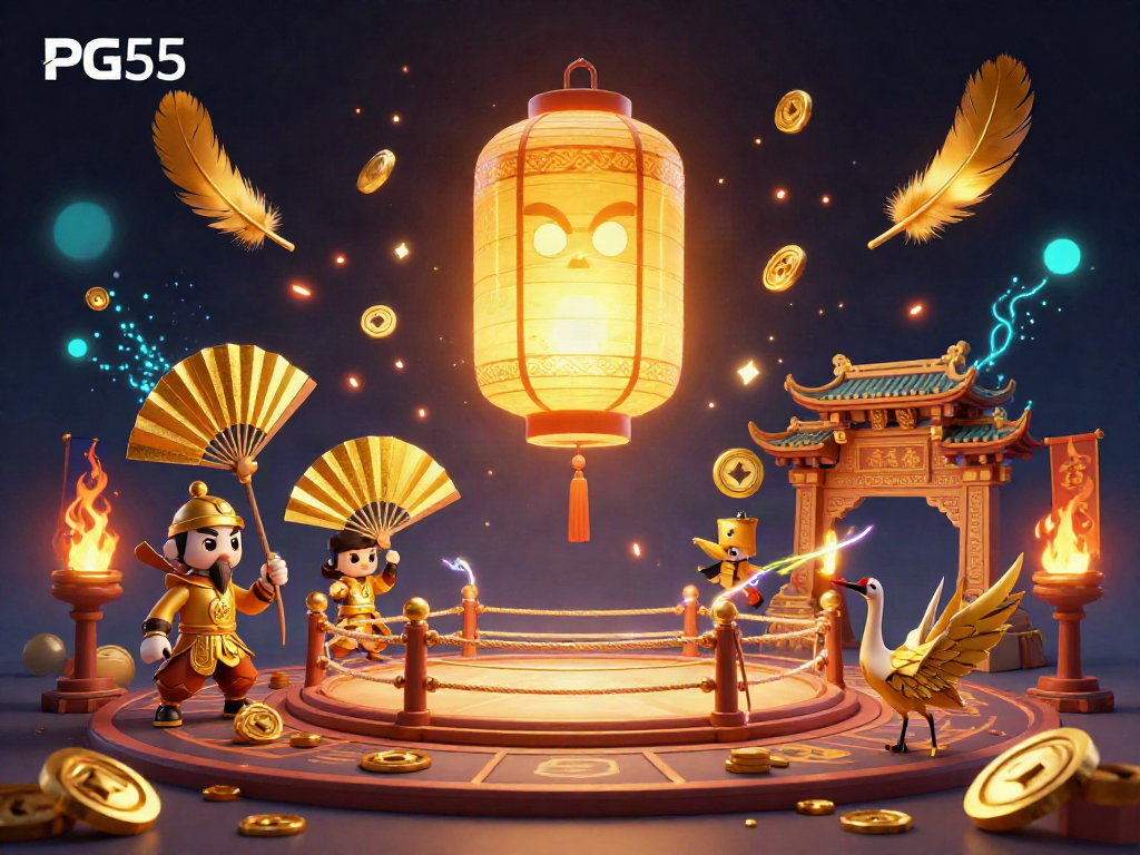 Engage with PG55 at an exciting casino scene filled with golden lantern spirit and paper fan warriors.