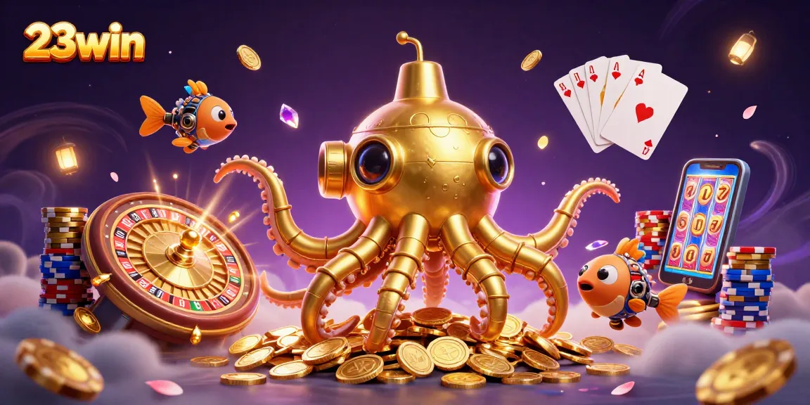 Engage with thrilling casino fun at 23win with an exhilarating 3D underwater scene showcasing golden coins and dynamic game elements.