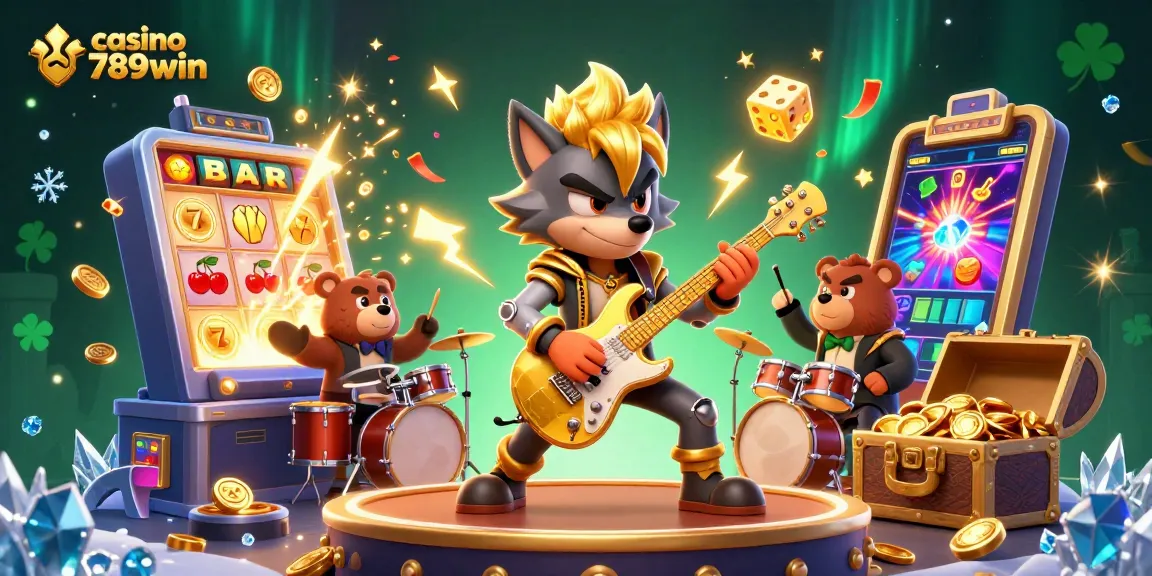Experience the excitement of casino 789win with a vibrant 3D illustration of a rock star wolf and lucky symbols.